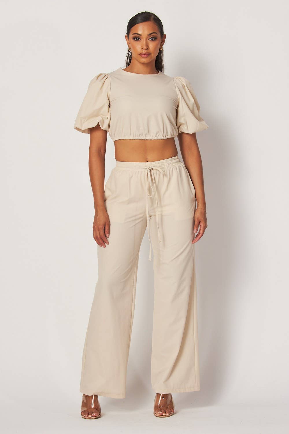 Hot & Delicious – wholesale Top & pants set (NOT Loungewear) – Women's – Tori Bubble Sleeve Crop Top & Pants Set (HDC32475)0