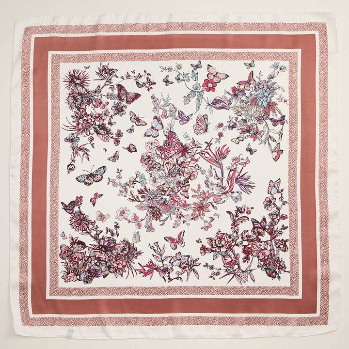 Sensibling Corp. - Wholesale Scarf - Women's - Butterfly Flower Garden Printed Square Silky Satin Scarf