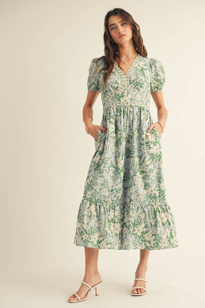 Azul Multi VESTIDO MIDI COM ESTAMPADO FLORAL, DECOTE EM V E BABADOS NA BAINHA para venda a revendedores na Faire9