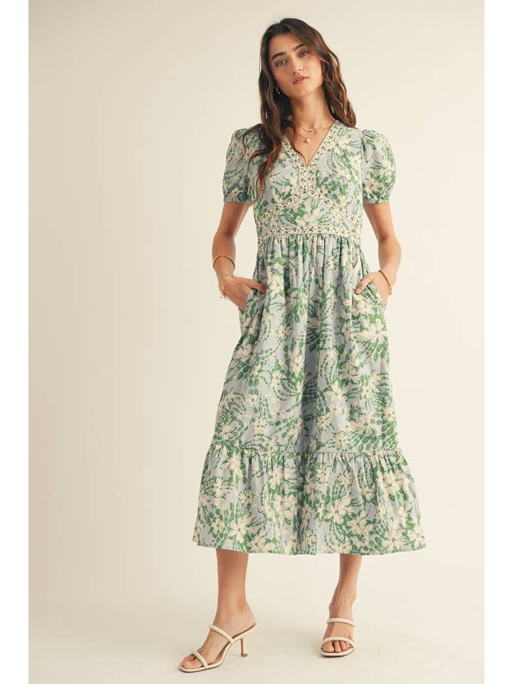 Blu Multi ABITO MIDI CON STAMPA FLOREALE, SCOLLO A V E BALZA SUL FONDO in vendita all'ingrosso su Faire9