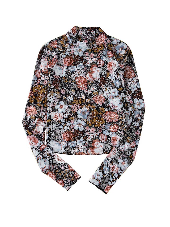 Brown Floral Mesh Long Sleeve Blouse for wholesale on Faire