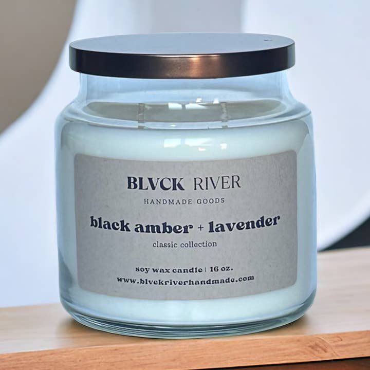 Amber & Lavender 16 oz Soy Candle - Clear Apothecary Jar for wholesale by Black River Handmade Goods