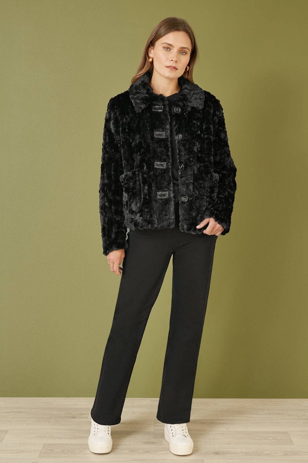 Yumi Black Luxe Textured Faux Fur Jacket With Pockets for wholesale on Faire2