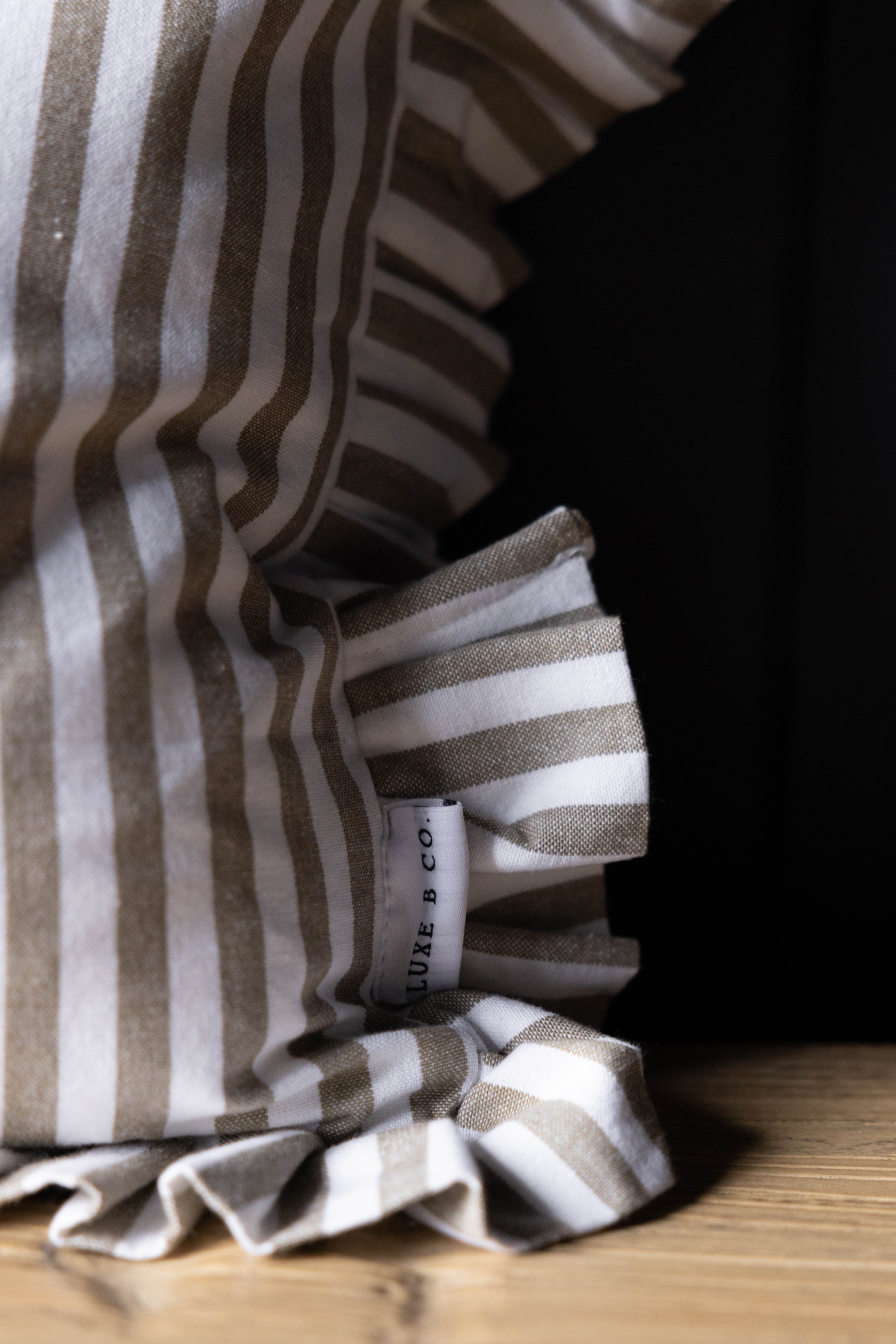 Luxe B Co - Wholesale Throw Pillow Cover - Ruffle Lumbar Pillow Cover Olive Green Stripes3