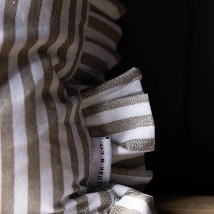 Luxe B Co - Wholesale Throw Pillow Cover - Ruffle Lumbar Pillow Cover Olive Green Stripes3