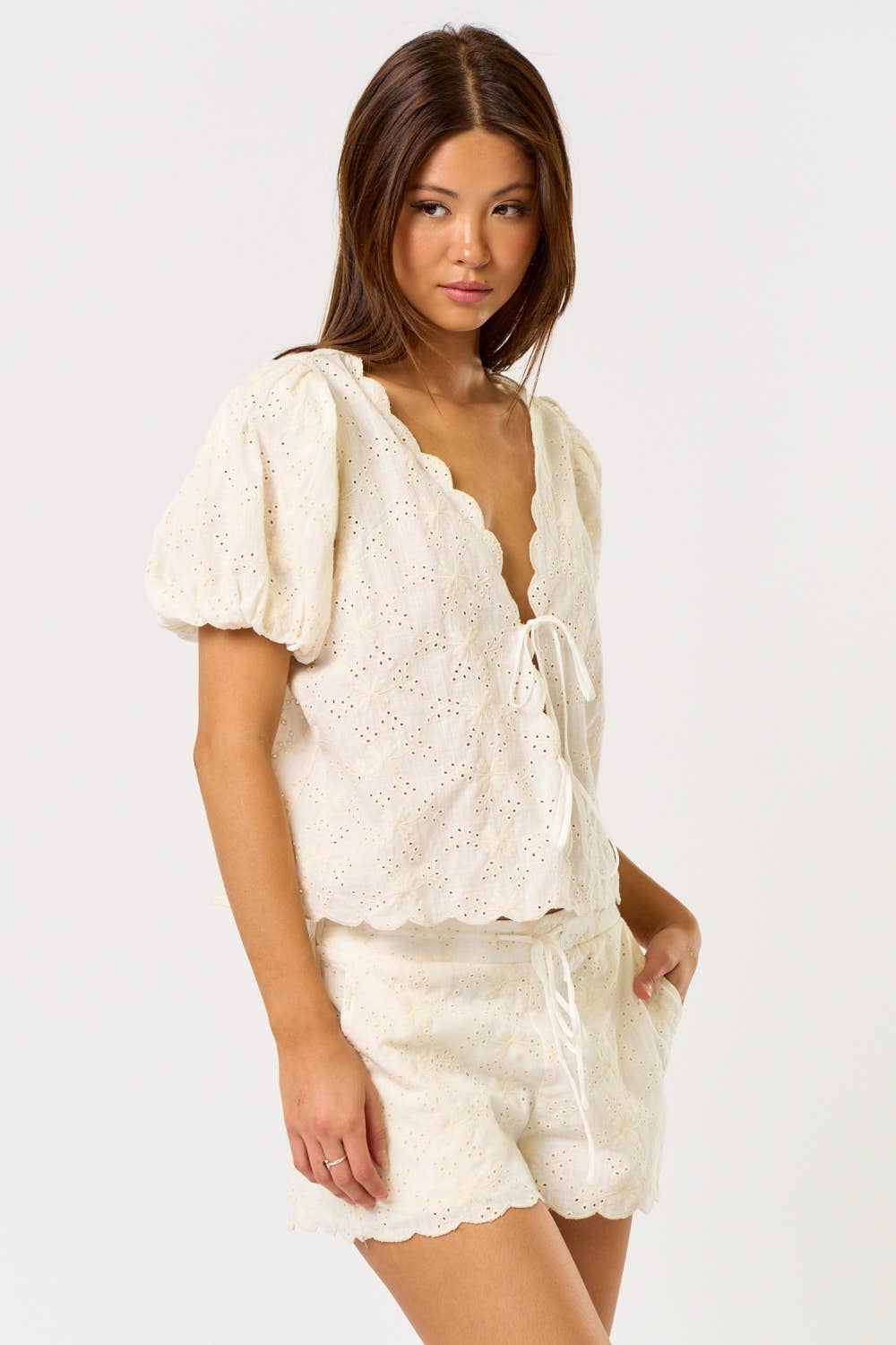 Blue Blush - Wholesale Top & Short Set (NOT Loungewear) - Women's - IBS32189 Linen Eyelet Tie Front Top with Matching Shorts6