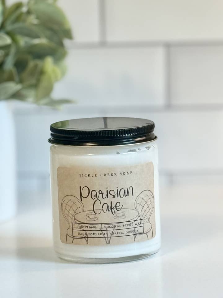 Parisian Cafe 7 oz. Clear Glass Jar Coconut Apricot Candle for wholesale by Tickle Creek Soap
