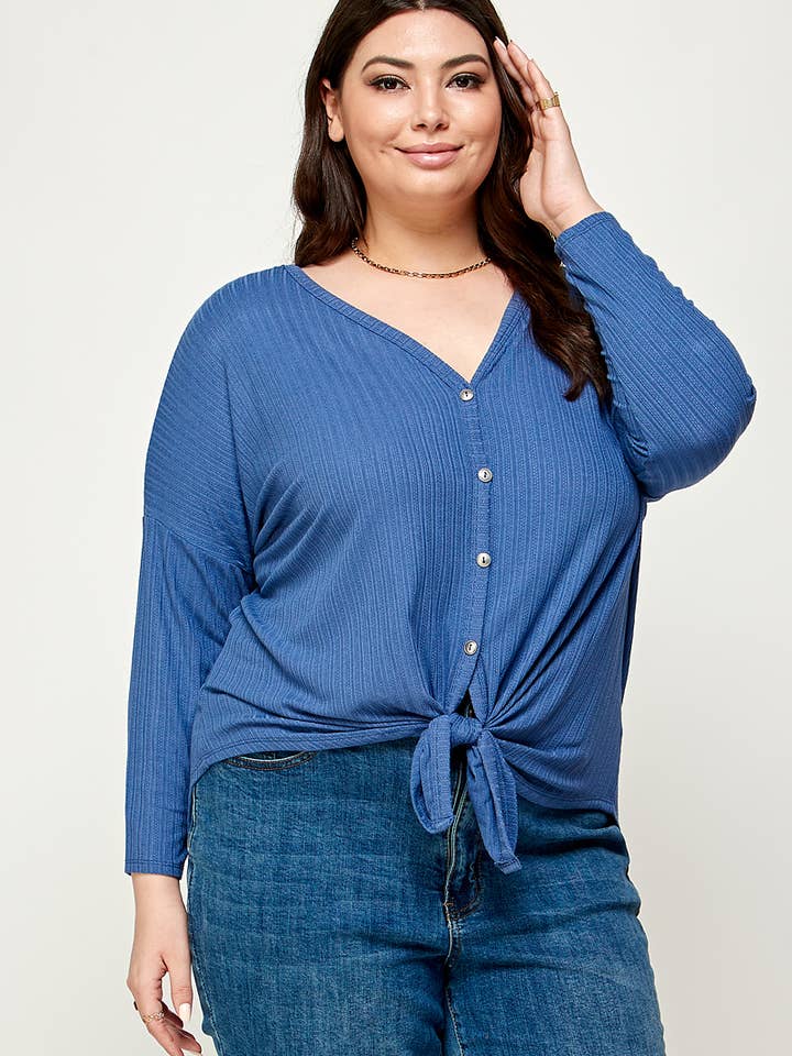 Plus Size Waffle Knit Button Down Top KY17676-T for wholesale by Haute Fox Plus Size & Contemporary