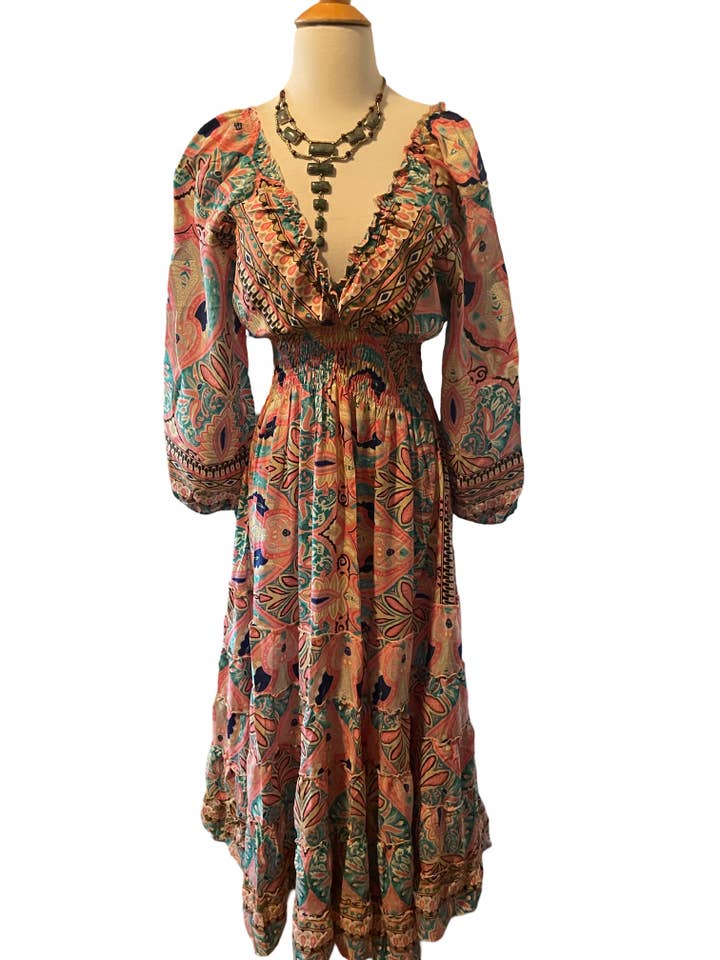 Pink and Silver – Engroshandel Kjole - Dame – Langærmet Bohemian Tiered Maxi Silkekjole (lyserød og turkis)