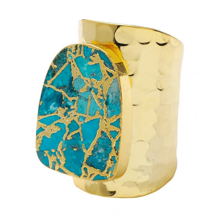 YAA YAA LONDON Longline 'Molten' Turquoise Stone Gold Cuff Statement Ring for wholesale by YAA YAA LONDON