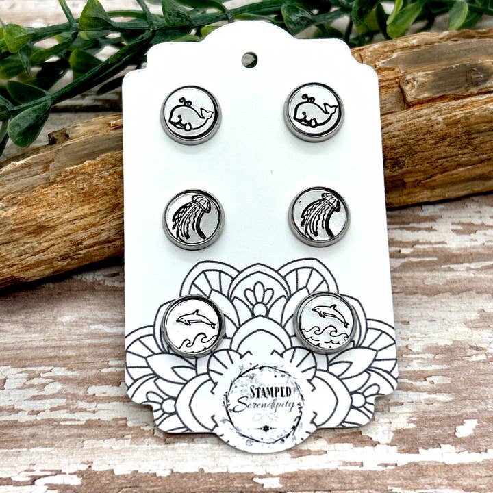 Stud Earring Trio Cards-Ocean Life Whale, Dolphin, Jellyfish for wholesale by Stamped Serendipity