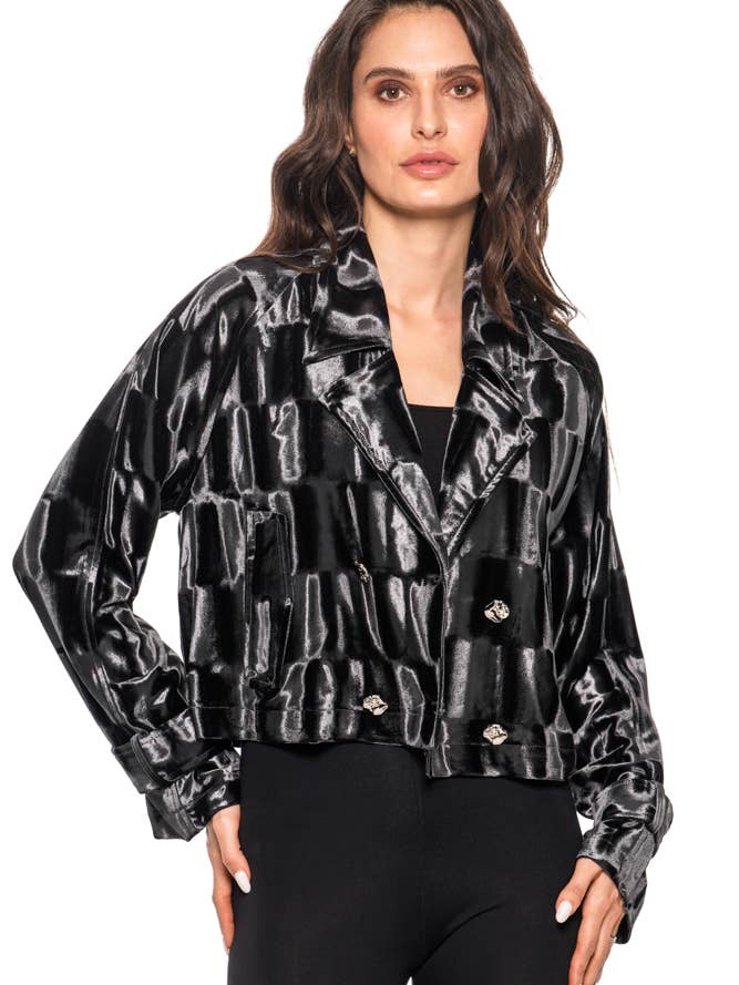 L3694-1 – Glanzend Zwart Fluwelen Verkorte Blazer voor wholesale door Adore