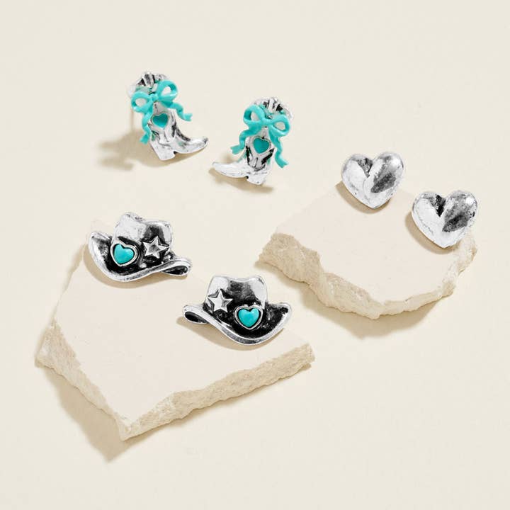 3 par - Västerländska Cowboyhatt Boot Hjärta Stiftörhängen för wholesale av Sensibling Corp.