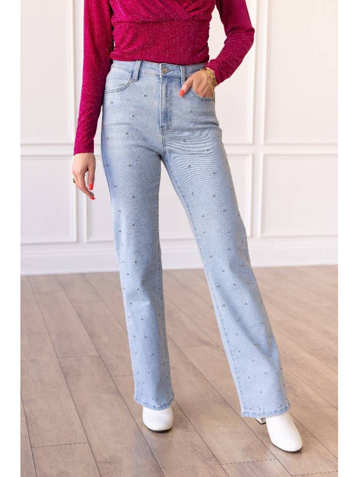 Denim Light Wash Straight Leg Jean with Studs for wholesale on Faire