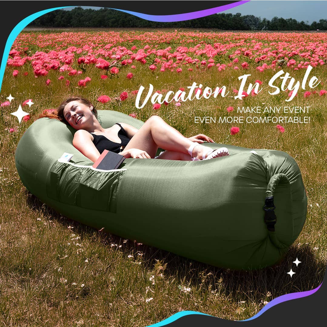 Nevlers - Wholesale Inflatables - Nevlers Military Green Inflatable Lounger with Travel Bag and Pockets6
