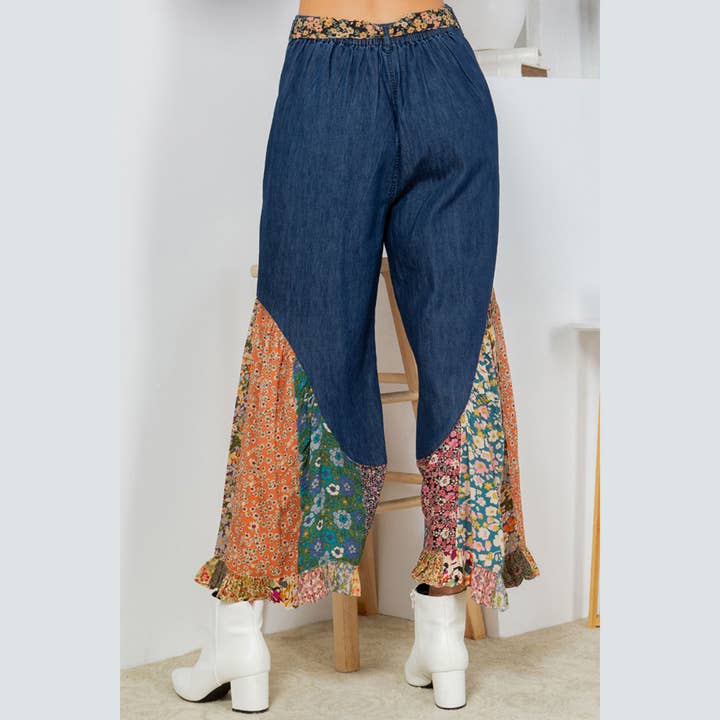 Young Threads - Wholesale Pants - Women's - Boho Flare: Overdyed Denim Bellbottom Pants with Printed