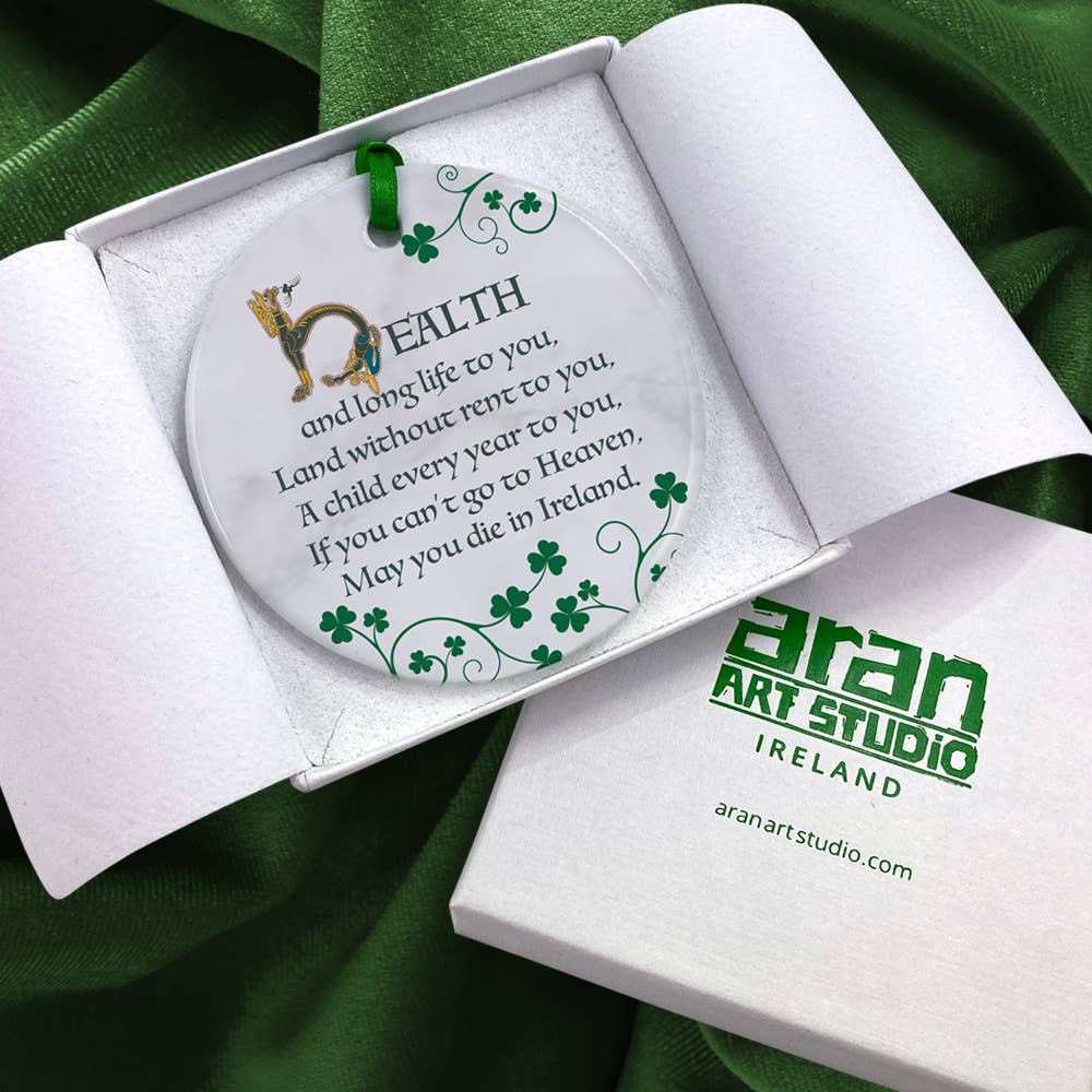 Aran Art Studio – wholesale Prydnad – Keramiskt prydnadsföremål med irländsk välsignelse "Hälsa och långt liv"3