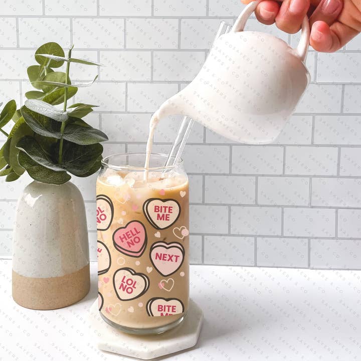 Sayers & Co. - Wholesale Drinking glass/cup - 16oz Valentine's Day Candy Hearts Glass Cup with Bamboo Lid & Straw #1000907