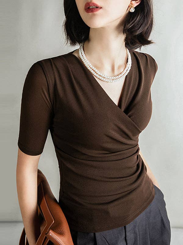 Mirazshoes WholeSale - Wholesale Blouse - Women's - Half Sleeves Skinny Pleated Solid Color V-Neck T-Shirts Tops7