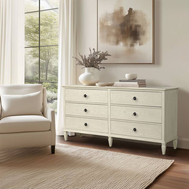 Olliix - Wholesale Cabinet - Modern Classic 70"W 6-drawer Wood Dresser, Antique Cream *3