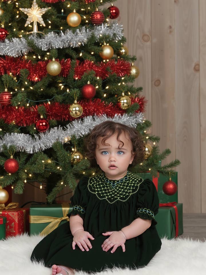 Robe évêque en velours côtelé vert smockée avec perles pour la vente par Hello Bebes!