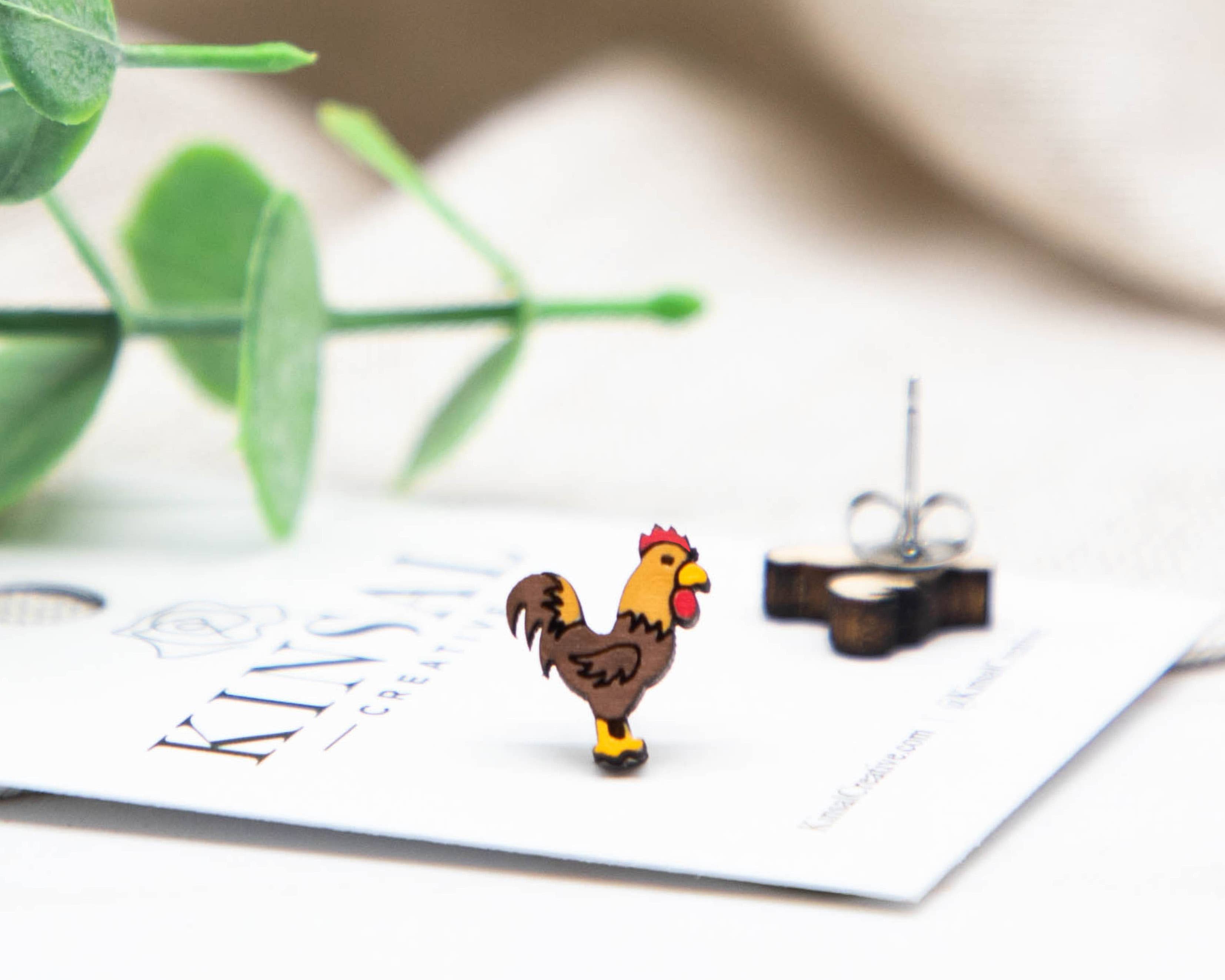 Kinsal Creative - Wholesale Stud/Post Earrings - Rooster Wood Stud Earrings1