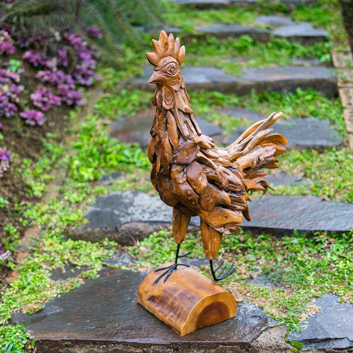 Coq en teck avec pattes en métal 34"H pour la vente par Garden Age Supply