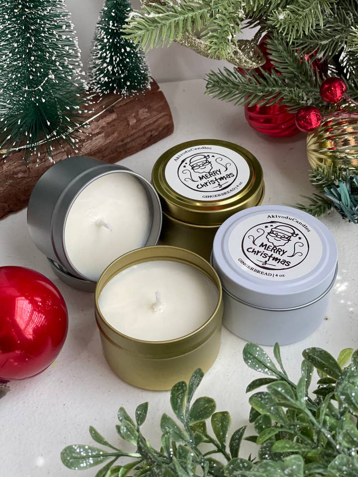 Holiday Scented Candle in 4 oz Tins Cotton Wick for wholesale by Akivodu Candles