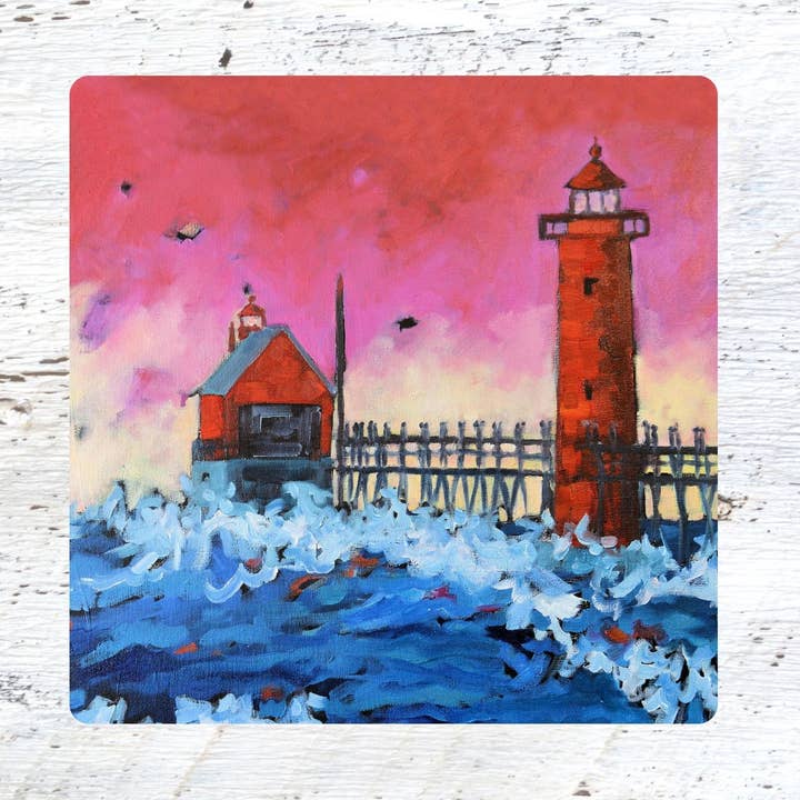 Glasunderlägg och grytunderlägg: Rosa himmel Grand Haven fyr för wholesale av Dreese Fine Art