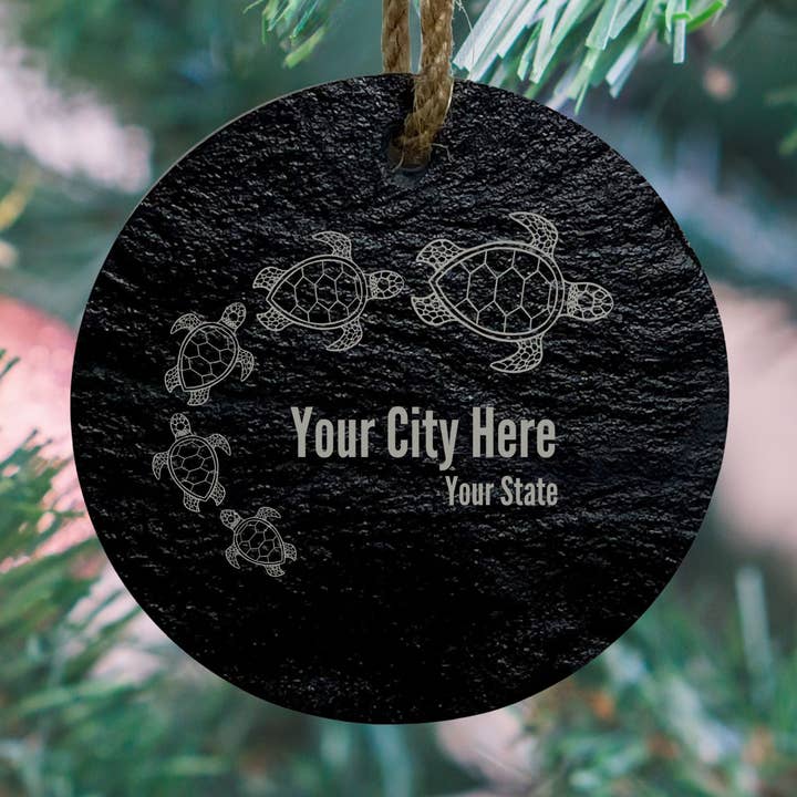 Custom Sea Turtle Round Slate Ornament - City and State for wholesale by Mermaid of Hilton Head