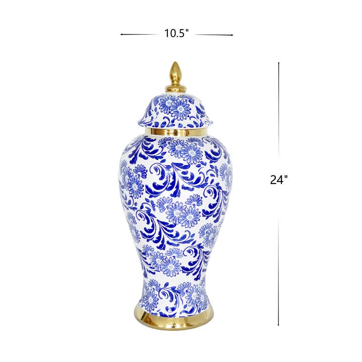 Amazing Rugs - Wholesale Decorative Jar - White Ceramic Ginger Jar Vase with Blue & Gold Accents