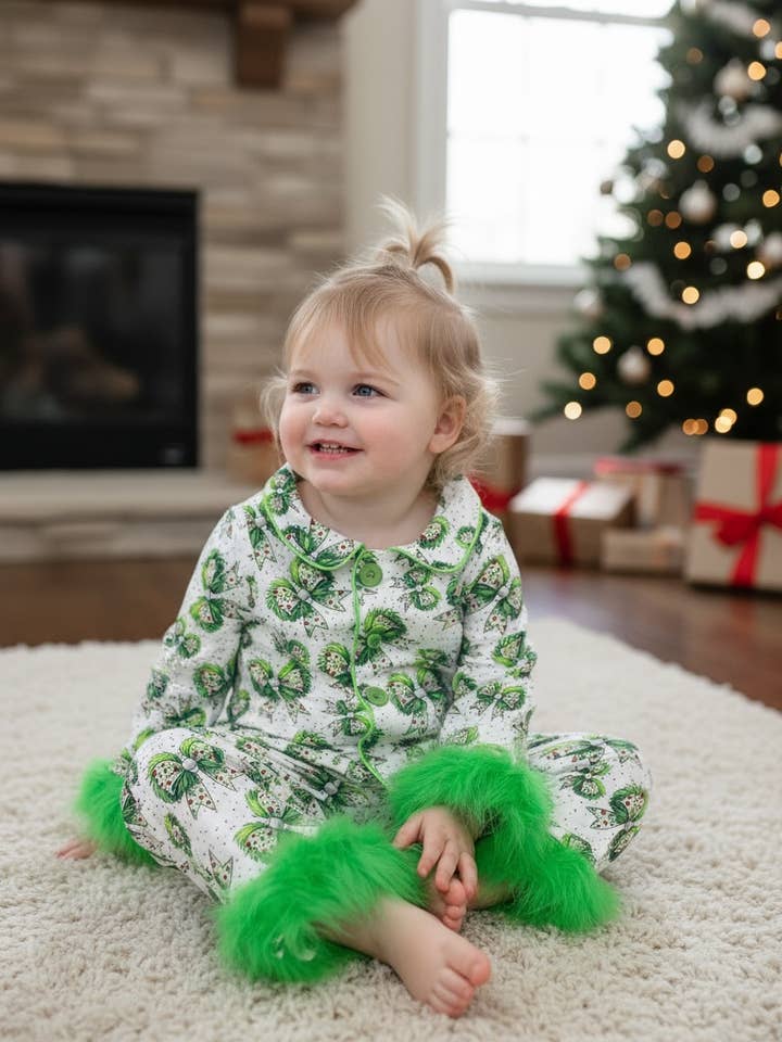 Bow printed on white pajamas with feather trim. GLP080718 SOL for wholesale by Kids Charm Online