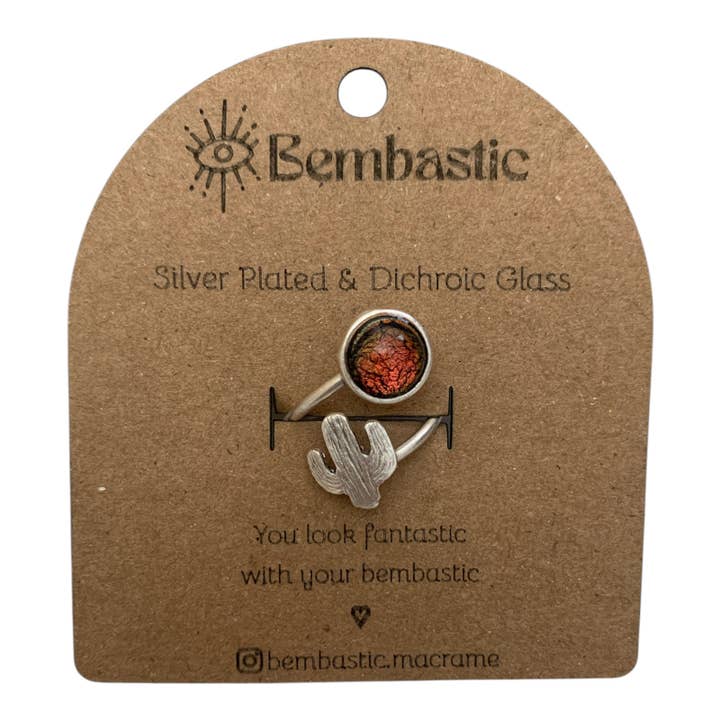 Anillo Ajustable de Cactus Plateado y Vidrio Dicroico for wholesale by Calypso Chile