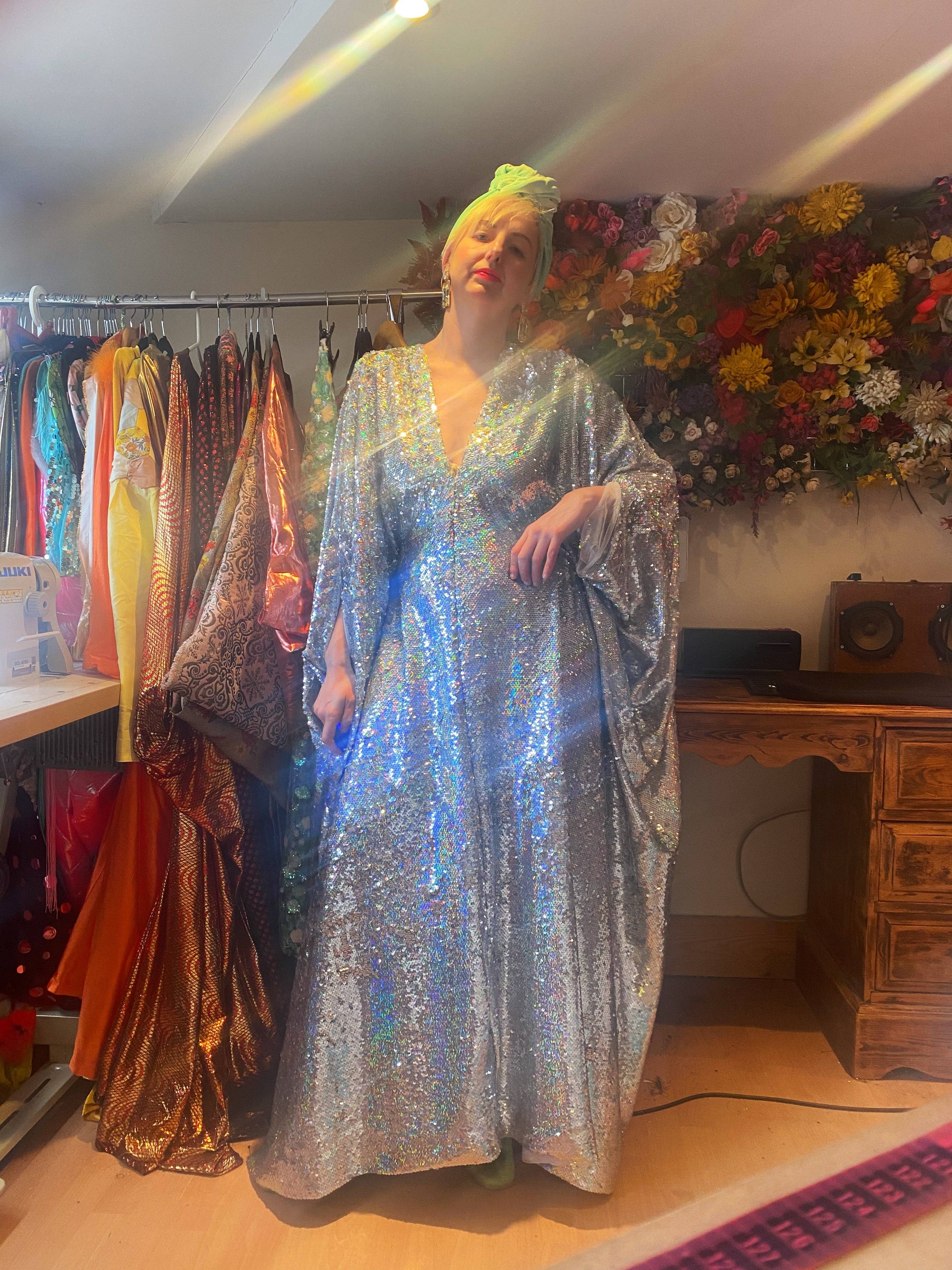 Fumbalinas – wholesale Kaftan – Women's – Silver Metallic Holographic/  Sequin Kaftan Gown / Dress49