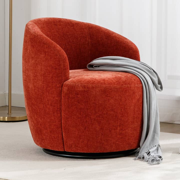 Orange Chenille Swivel Barrel Chair with Metal Base for wholesale by 39F Inc.