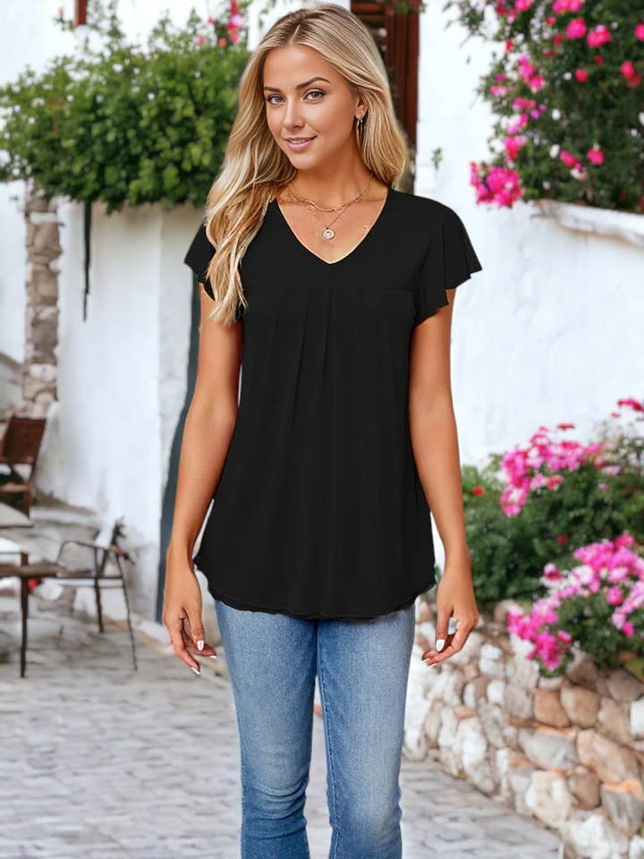 Blouse en maille à deux couches à col en V et manches volantées pour la vente par Anna Kaci Wholesale