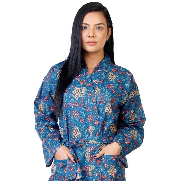 Robe quimono feminino - algodão estampado floral azul vermelho+bolsa por atacado de The Indian Bazaar