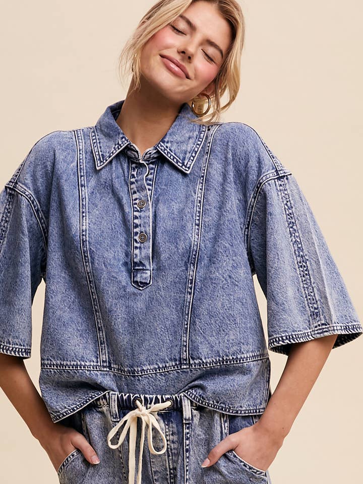 Denim Collared Oversized Top LT1387 for wholesale by Listicle