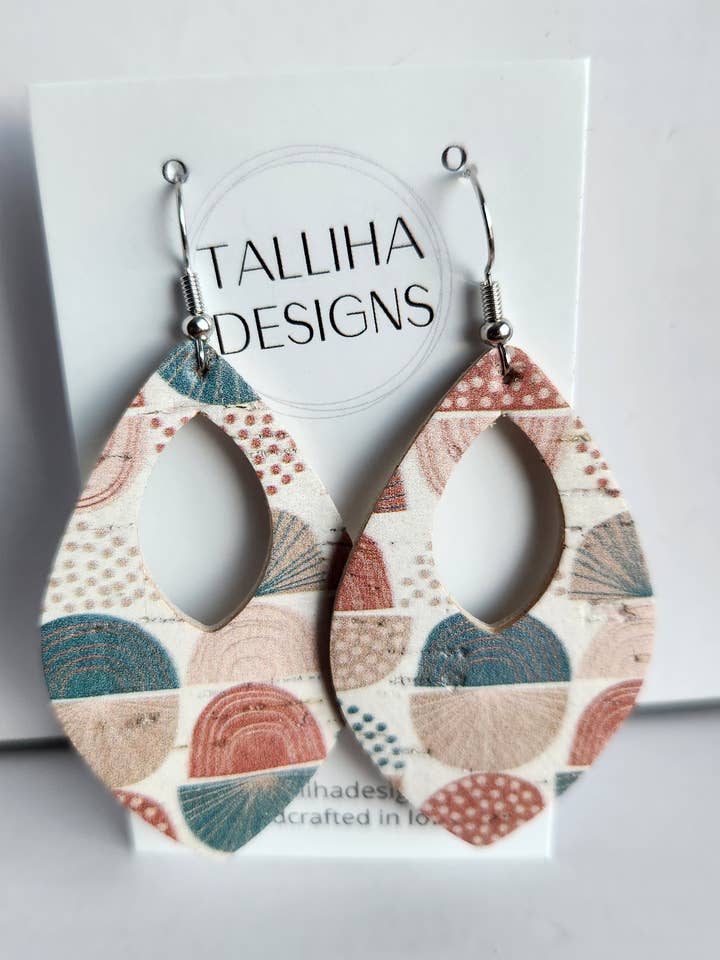 Colorful Cutout Leaves Genuine Leather Backed Cork Earrings for wholesale by Talliha Designs