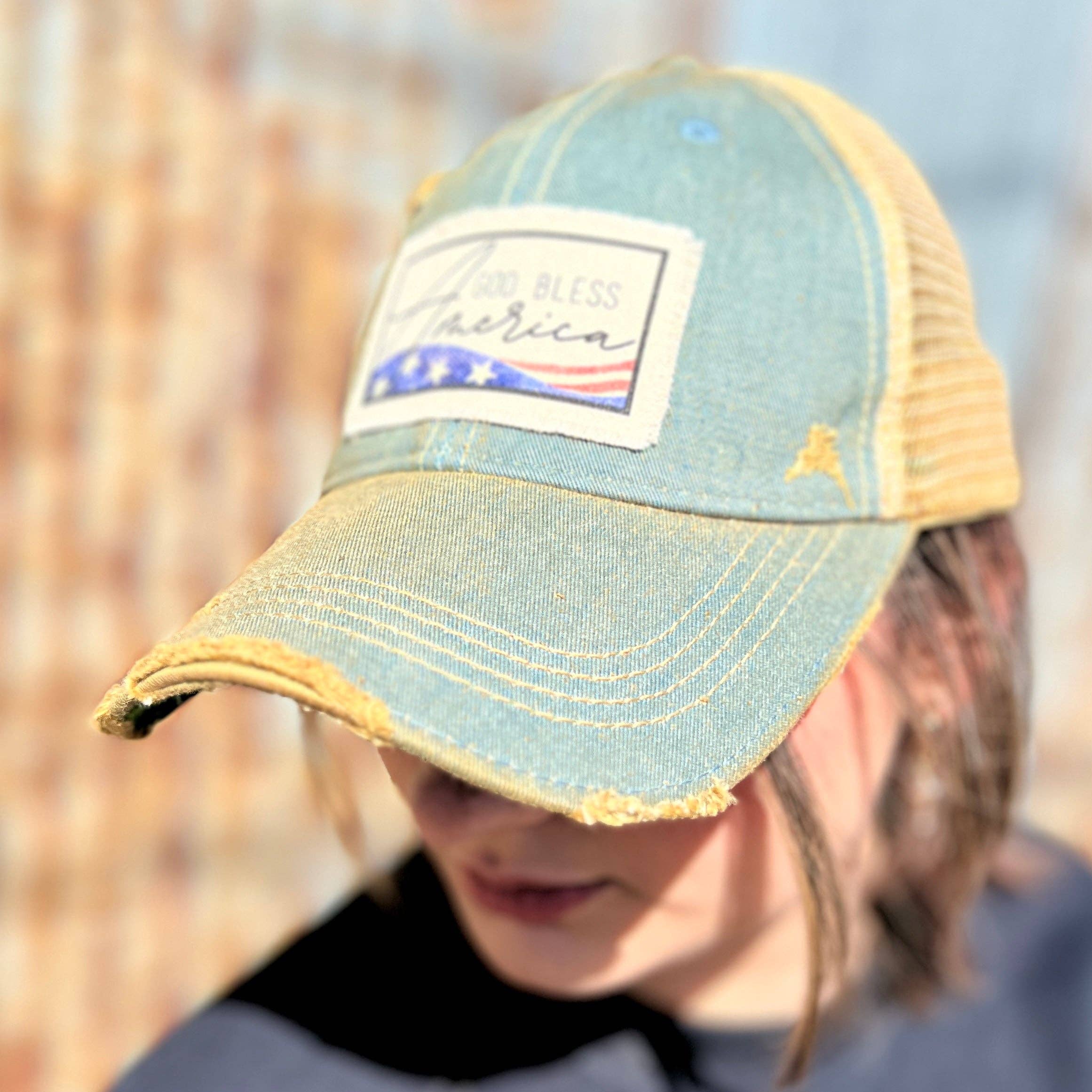 Wholesale Vintage Washed Denim God Bless America Baseball Cap for