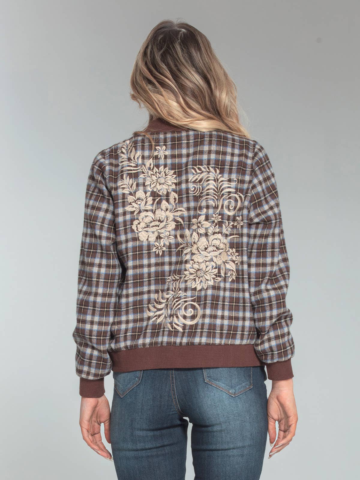 Brown Mulit Veste de baseball à carreaux brodée à glissière sur le devant 3567-MAJ en vente sur Faire3