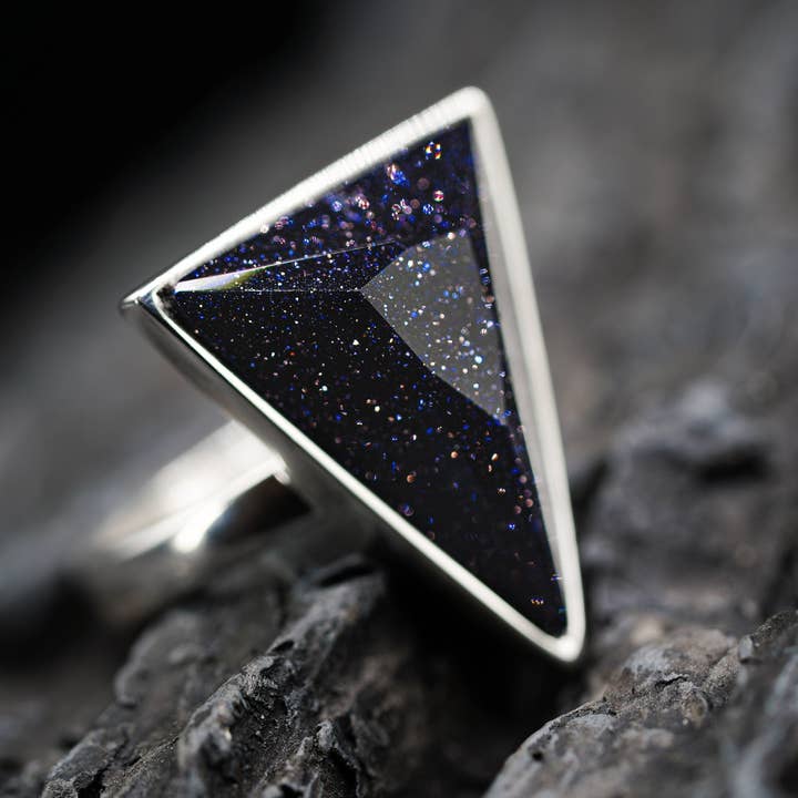Black Feather Design – wholesale Cocktail/statement ring – Geometric Blue Goldstone Ring - 925 Silver - Adjustable2