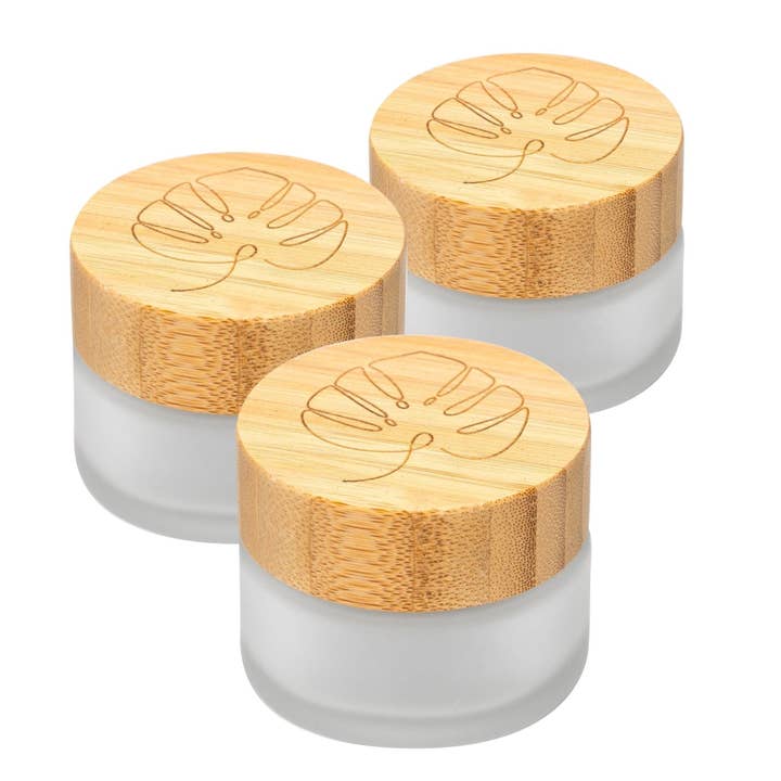 skin:kitchen glazen pot met bamboedeksel en gravure voor zelfgemaakte cosmetica, set van 3 van 50 g mat glas voor wholesale door Mixcover GmbH