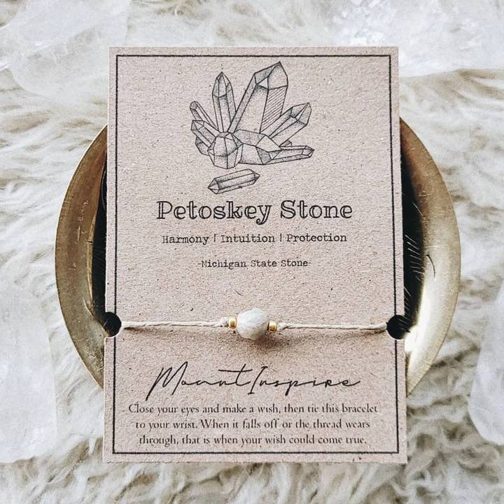 Petoskey Stone Crystal Wish Bracelet w/ Hemp & Gold Bead for wholesale by MountInspire Ltd.