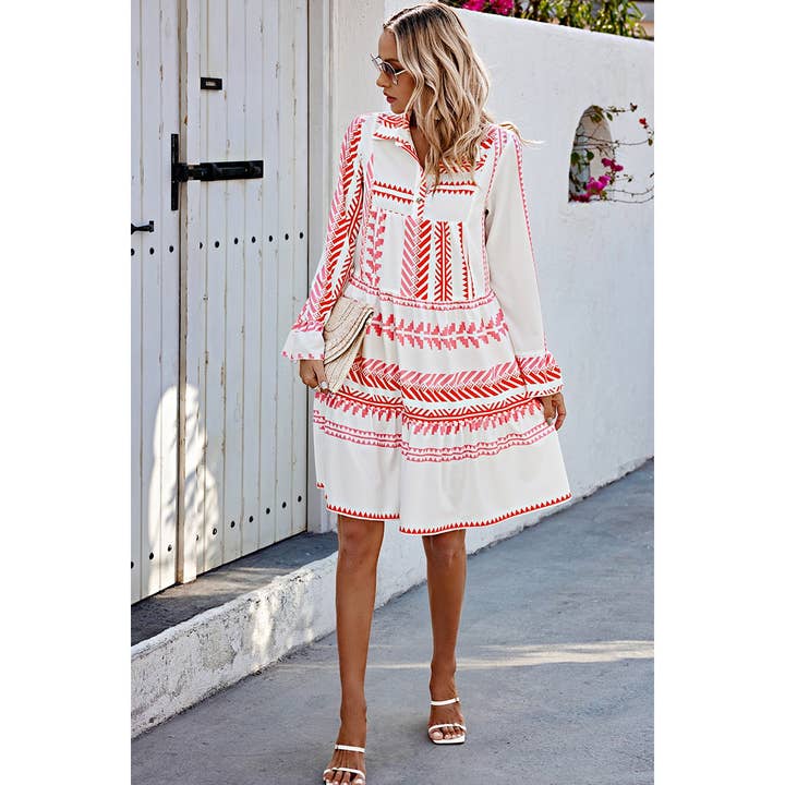 WHITE Allover Print Ruffle Button Trim Loose Dress for wholesale on Faire