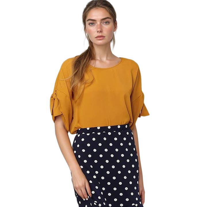 Robin K - Wholesale Blouse - Women's - Pleione Round Neck Self-tie Short Sleeve Top4