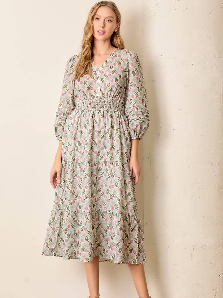 V NECK FLORAL PRINT MIDI DRESS for wholesale by Polagram by Wellmade USA