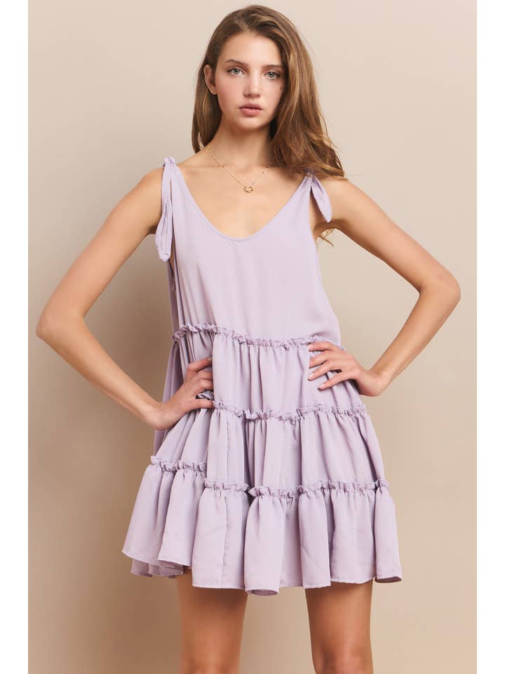 WISTERIA LANE - Wholesale Dress - Women's - BOHO TEXTURED CREPE TIERED BABYDOLL DRESS - 3115 LAVENDER3