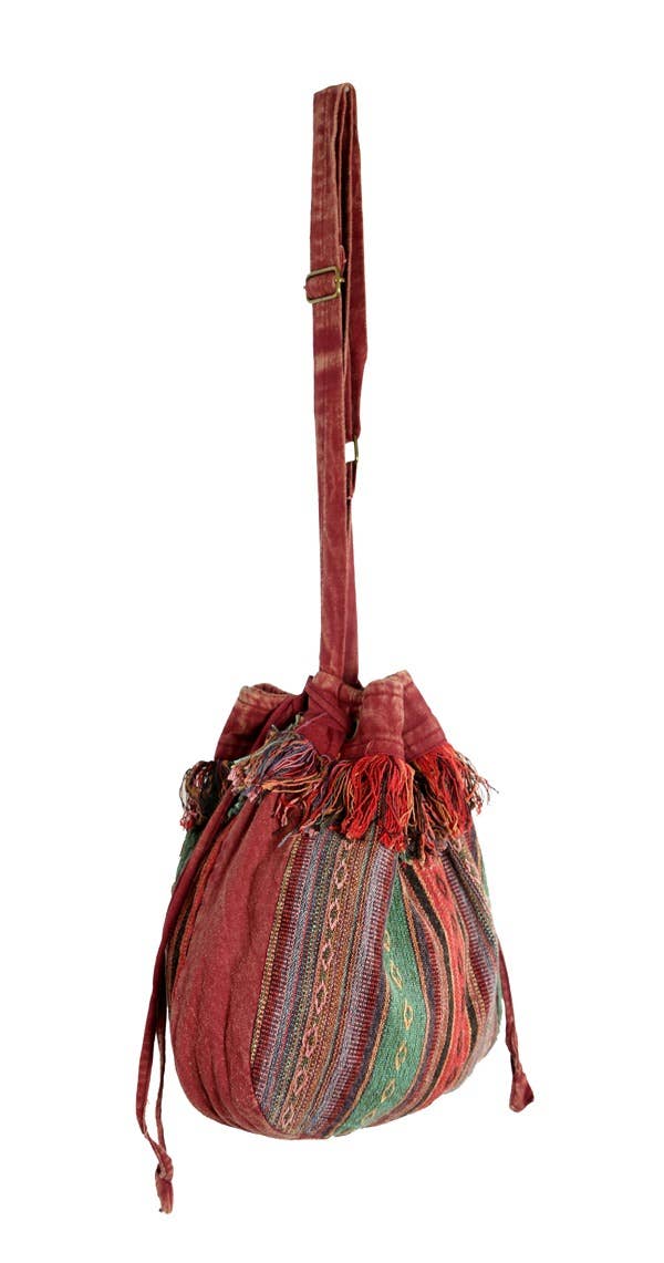 Earth Divas - Wholesale Crossbody Bag - Women's - Boho Striped Tibetan Drawstring Sling Bag with Patchwork2