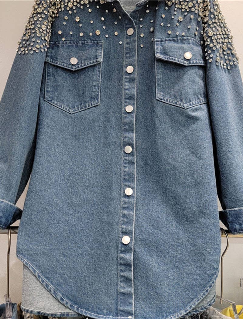 BLUE Embellished Oversized Denim Shirt for wholesale on Faire4